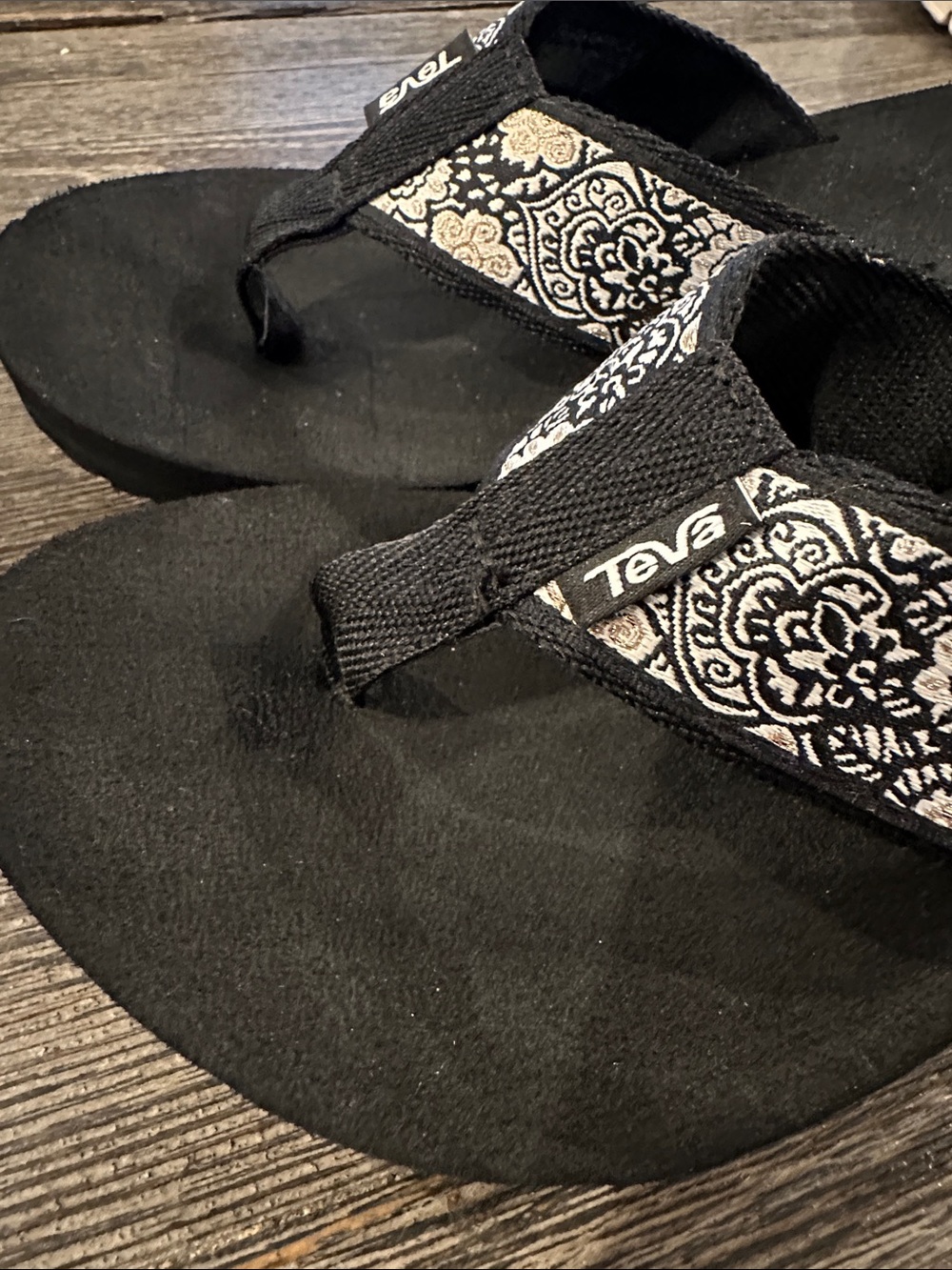 Teva Women's Black Flip Flop Sandals with White Patterned Straps - Picture 3 of 5